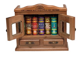 Wooden Bookcase Armoire with Glass Doors, Copper Hinges, Miniature Book Display