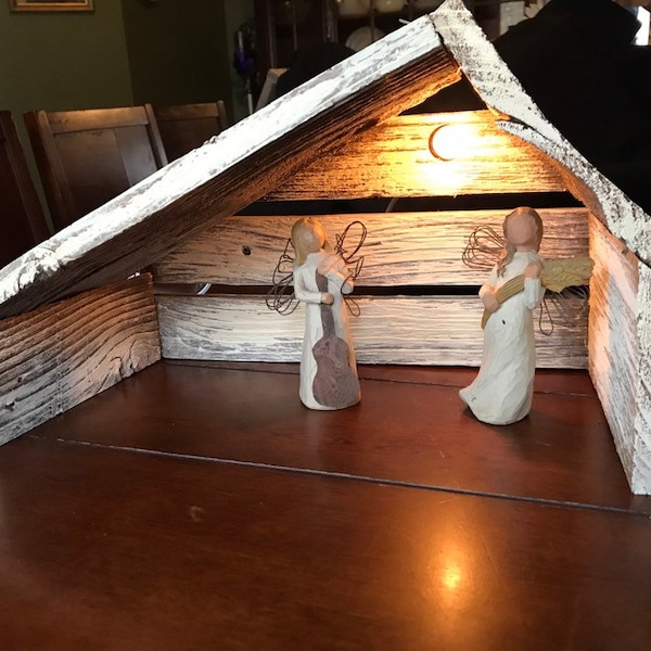 Rustic Lighted Handmade Wooden Nativity  Manger Stable Antique White FREE FAST SHIPPING