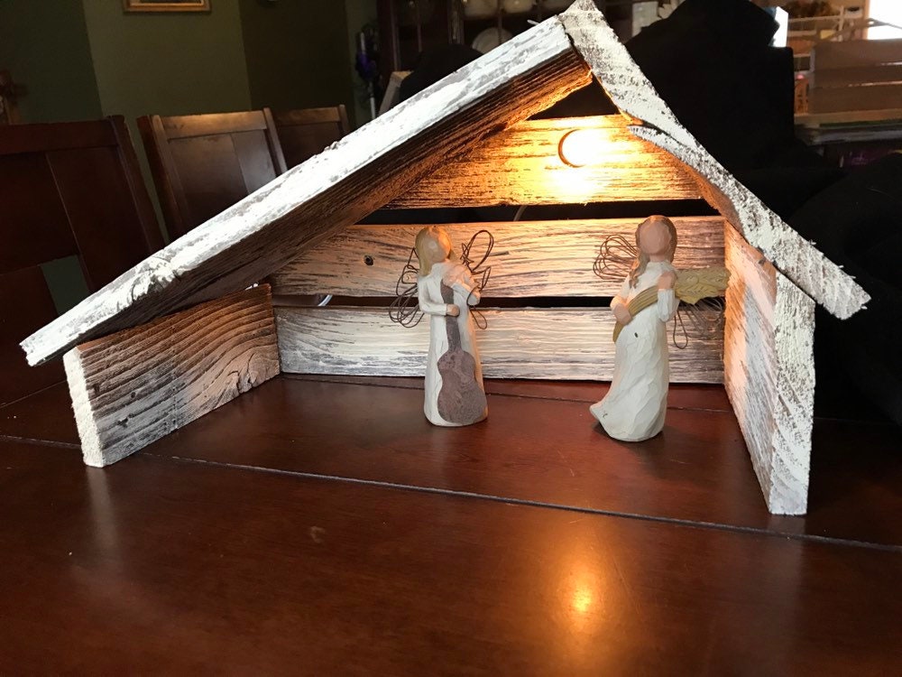 Rustic Lighted Handmade Wooden Nativity Manger Stable Antique Etsy