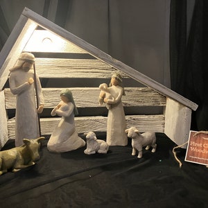 Nativity Manger Stable Antique White Rustic Lighted Handmade Wooden Crèche FAST FREE SHIPPING