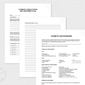Cosmetic Questionnaire Form | Consultation and Treatment Plan Form | Medical Spa | Plastic Surgeon | Cosmetic Surgeon | Spa | Editable Forms