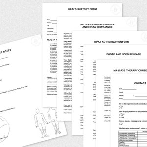 May include: A set of forms for a massage therapy business. The forms include a health history form, a notice of privacy policy and HIPAA compliance form, a HIPAA authorization form, a photo and video release form, a massage therapy consent form, and a contact consent form.
