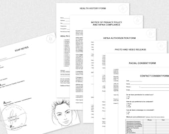 Może przedstawiać: Zestaw formularzy do salonu piękności lub spa. Formularze obejmują formularz historii zdrowia, powiadomienie o polityce prywatności i zgodności z HIPAA, formularz autoryzacji HIPAA, formularz zgody na zdjęcia i filmy, formularz zgody na zabiegi twarzy i formularz zgody na kontakt.