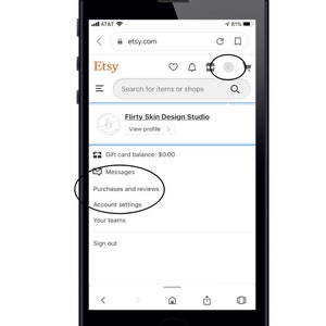 May include: A screenshot of the Etsy mobile app showing the account settings menu. The menu includes options for messages, purchases and reviews, account settings, your teams, and sign out.