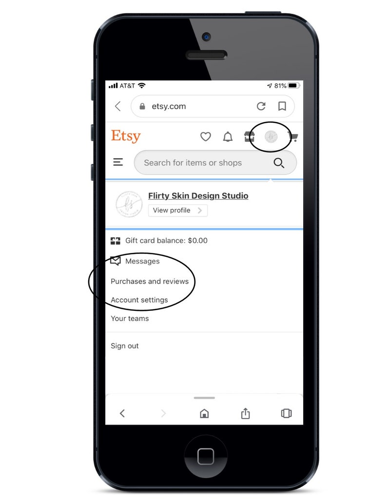 May include: A screenshot of the Etsy mobile app showing the account settings menu. The menu includes options for messages, purchases and reviews, account settings, your teams, and sign out.