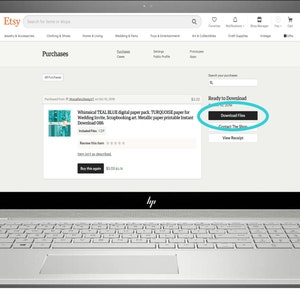 May include: Screenshot of an Etsy purchase confirmation page showing a teal blue digital paper pack with a turquoise paper for wedding invites, scrapbooking, and metallic paper printable instant download 086. The download files button is highlighted in turquoise.
