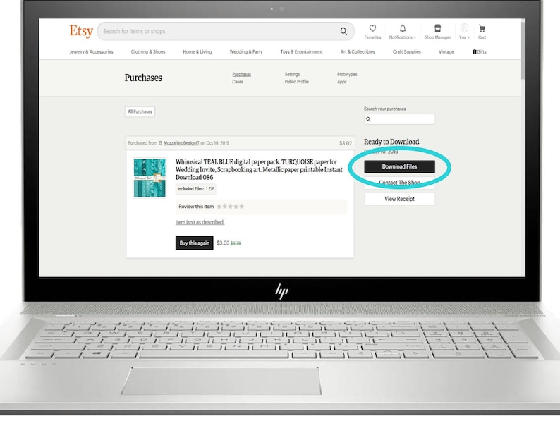 May include: Screenshot of an Etsy purchase confirmation page showing a teal blue digital paper pack with a turquoise paper for wedding invites, scrapbooking, and metallic paper printable instant download 086. The download files button is highlighted in turquoise.