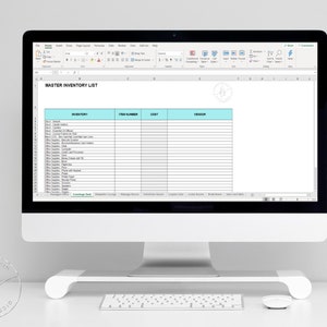 May include: A computer screen displaying a spreadsheet with the title "MASTER INVENTORY LIST". The spreadsheet has columns for "Inventory", "Item Number", "Cost", and "Vendor".