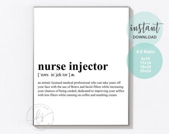 May include: A printable black and white definition of the term "nurse injector" with the phonetic pronunciation and a humorous description of the profession. The text is on a white background with a black border. The image also includes a light blue circle with the text "instant download" and a light blue circle with the text "4:5 Ratio" and a list of sizes in inches.