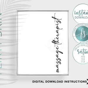 May include: A digital download printable with the text "massage therapist" in black cursive script on a white background. The text is vertically oriented and centered on the page. The printable is framed in a silver frame.