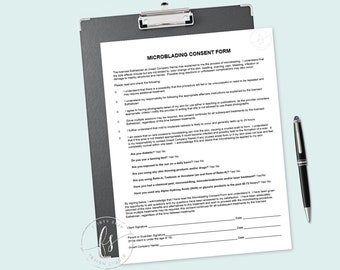 May include: A black and white consent form for microblading. The form includes a list of questions to ask the client before the procedure, such as if they are diabetic, if they are using any topical products, and if they have had a chemical peel. The form also includes a signature line for the client and the esthetician.