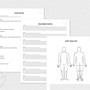 May include: Three white sheets of paper with black text. The top sheet reads "SOAP NOTES" and has lines for writing. The middle sheet is labeled "TREATMENT NOTES" and has lines. The bottom sheet is "BODY ANALYSIS" with a human body diagram.