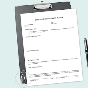 May include: A black and white printable employee disciplinary action form with sections for employee name, job title, date, date of hire, type of discipline, reason for discussion, agreed solutions, next action step, and employee comments. The form includes checkboxes for verbal warning, 1st written warning, 2nd written warning, and final warning.