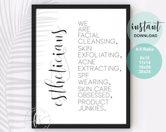 May include: Black framed print with white background. Text reads "Estheticians" in cursive, and a list of skincare terms. Includes "Instant Download" and size options.