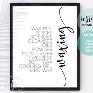 Peut inclure: Affiche murale imprimable en noir et blanc avec le mot "épilation" écrit en cursive. Le texte énumère divers produits d'épilation, notamment un pot de cire, des bâtonnets, des ciseaux, un nettoyant, des huiles, de la poudre, une crème hydratante, des pinces à épiler, de la cire douce, un gel rafraîchissant et de la cire dure. L'impression est disponible en différentes tailles, notamment 20x25 cm, 28x35 cm, 40x50 cm et 50x60 cm.