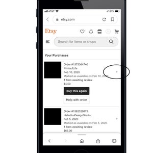 May include: Screenshot of a mobile phone displaying the Etsy app. The screen shows a list of recent purchases. The first purchase is for $4.50 and the second purchase is for $65.00.