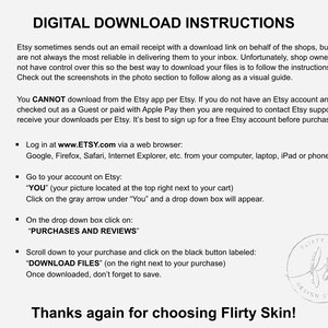 May include: Digital download instructions for Etsy purchases.  The instructions explain how to download digital files from Etsy using a web browser.  The text includes the website address www.etsy.com.  The instructions also include a visual guide with screenshots.