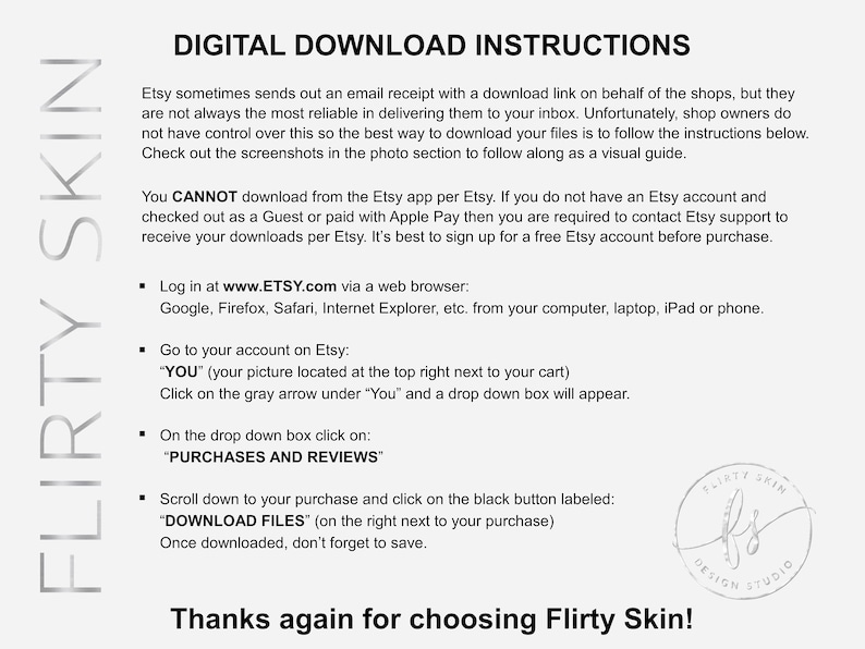 May include: Digital download instructions for Etsy purchases.  The instructions explain how to download digital files from Etsy using a web browser.  The text includes the website address www.etsy.com.  The instructions also include a visual guide with screenshots.