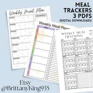 May include: Three printable weekly meal trackers with different layouts. The designs include space for daily meal planning, calorie tracking, and a shopping list. The text includes "Weekly Meal Plan" and "Weekly Meal Tracking".