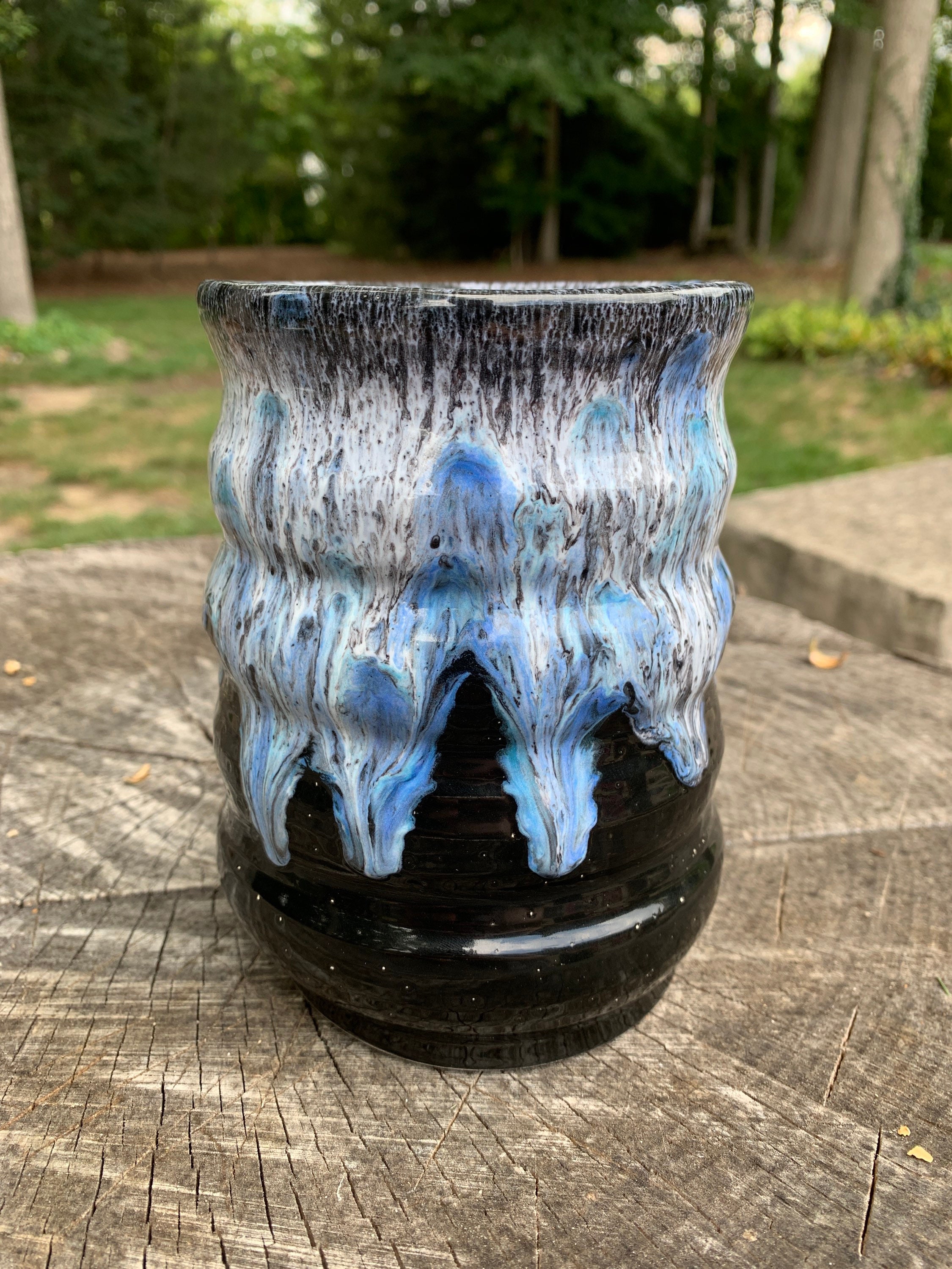Handmade Wavy Ceramic Vase Black With Blue & White Drips Etsy