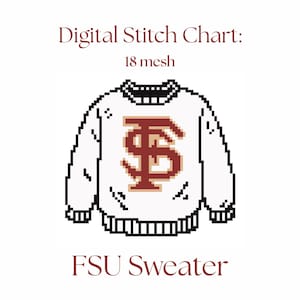 Puede incluir: Gráfico de puntada digital de un suéter FSU. El suéter blanco presenta un logotipo FSU granate y dorado. El texto "Digital Stitch Chart: 18 mesh" está encima del suéter y "FSU Sweater" debajo.