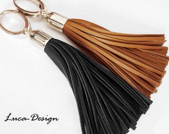 Leather tassel 18 cm (7 inch) leather pendant tassel leather fringes bobble pompom nappa leather bag pendant charm greyhound collar chain pendant