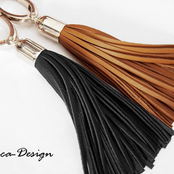 Leather tassel 18 cm (7 inch) leather pendant tassel leather fringes bobble pompom nappa leather bag pendant charm greyhound collar chain pendant