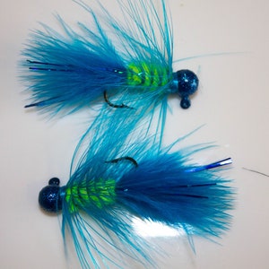 5pk Blue & Chartreuse Wooly Bugger Crappie Jigs