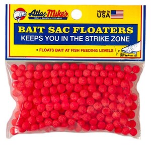 May include: A package of red bait sac floaters. The package has a yellow and blue label with the text "Atlas-Mike's" and "BAIT SAC FLOATERS". The label also states "KEEPS YOU IN THE STRIKE ZONE" and "FLOATS BAIT AT FISH FEEDING LEVELS". The package is marked "Made in USA".