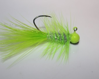 5pk Chartreuse & Silver Wooly Bugger Crappie Jigs