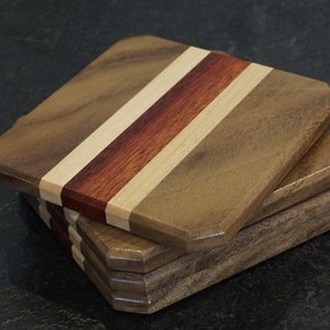 Handcrafted Wooden Coasters made from Walnut, maple and bloodwood - Set of 4 / Gift for her / him / Drink coasters / High gloss finish