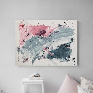 Cuadro grande de 40” x 32”, arte abstracto, arte mural en colores neutros, decoración de pared, arte contemporáneo, pintura original, arte en colores azul y rosa.