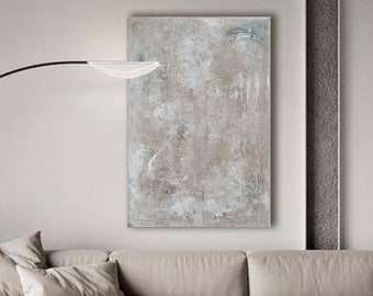 Stor abstrakt målning: Beige & brun minimalistisk canvastavla (32x47 tum)