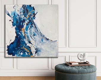 Grande dipinto astratto di paesaggio marino: acrilico su tela blu navy e oro (40x40)