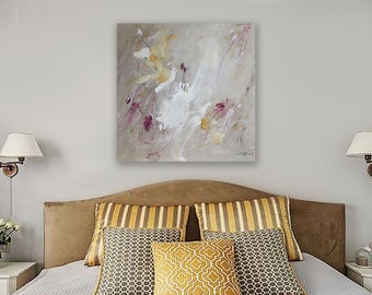 May include: Abstract painting with a white background and splashes of pink, purple, and gold paint.