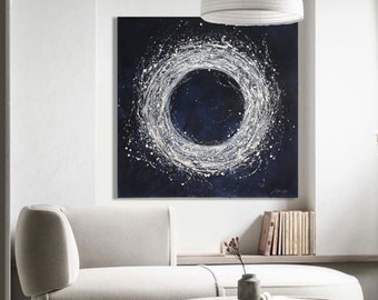Navy Blue Abstract Painting: Large Silver Galaxy Canvas Art