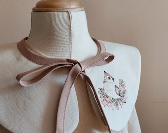 Beige Bird Embroidery Collar - Removable, Neutral Linen Accessory for Classic Dresses with Handmade Designer Embroidery