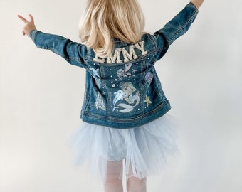 Girls Personalized Denim Jacket- Letter Jacket- Name Patch Jacket - Toddler Denim Jacket- Mermaid Gift -Little Mermaid Jacket