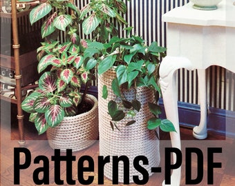 May include: Two crocheted plant pots, one brown and one beige, with green plants inside. The pots are in a room with a striped wallpaper and a white table. The text "Crochet Planters Patterns - PDF myDIYdepot.etsy.com" is at the bottom of the image.