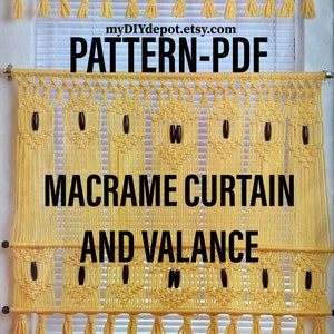 May include: A yellow macrame curtain and valance with wooden beads. The pattern is available as a PDF download. The text on the image reads "myDIYdepot.etsy.com PATTERN-PDF MACRAME CURTAIN AND VALANCE"