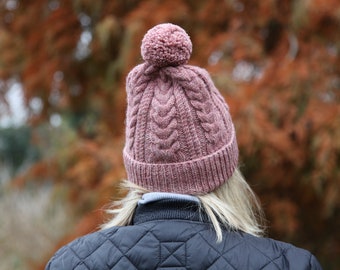 Alpaca wool cable knit hat with a pom pom. Hand knit Alpaca warm winter bobble hat. Gift for her.