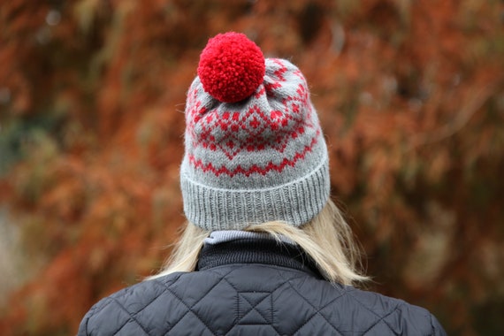 Hand knit wool fairisle bobble hat. Grey-red winter jacquard pompom beanie hat. Ready to ship.