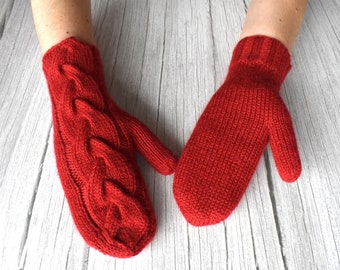 Alpaca wool red mittens, Cable knit warm winter mittens, Christmas gift, gift for her. Click for more colour options.