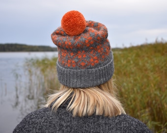 Bonnet tricoté main en laine et alpaga mélangés - Bonnet jacquard jacquard jacquard à pompons