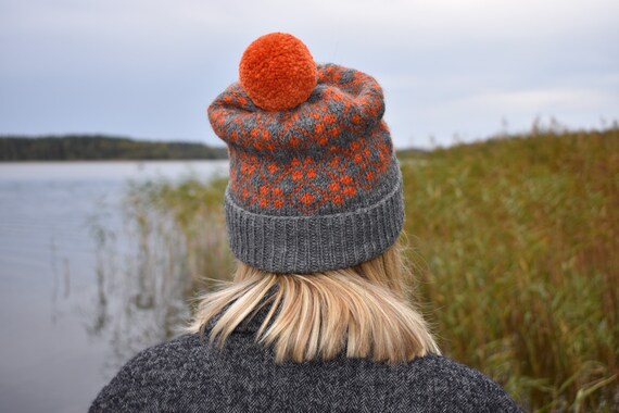Hand knit jacquard winter bobble hat/Unisex winter fair isle pom pom beanie hat/Grey Orange warm soft winter hat/Made to order