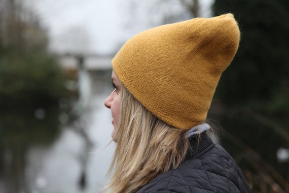 Alpaca reversible hand knit slouchy beanie. Double-sided mustard grey warm soft beanie. Made to order.