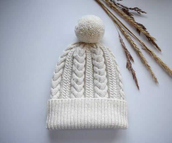 Chunky hand knitted wool cable knit beanie hat. Alpaca-wool warm winter bobble hat. Made to order.