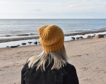 Alpaca knitted women's beanie hat. Cable knit slouchy alpaca hat in Mustard Yellow. Ready to ship.