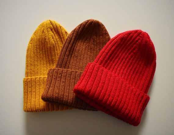 Merino wool fisherman ribbed beanie. Red, Mustard, Brown fisherman adjustable cuff beanie hat.