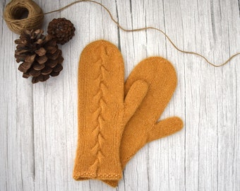 Baby alpaca mittens. Soft knit mittens. Mustard wool mittens. Cable knit warm winter mittens. Christmas gift. Ready to ship.